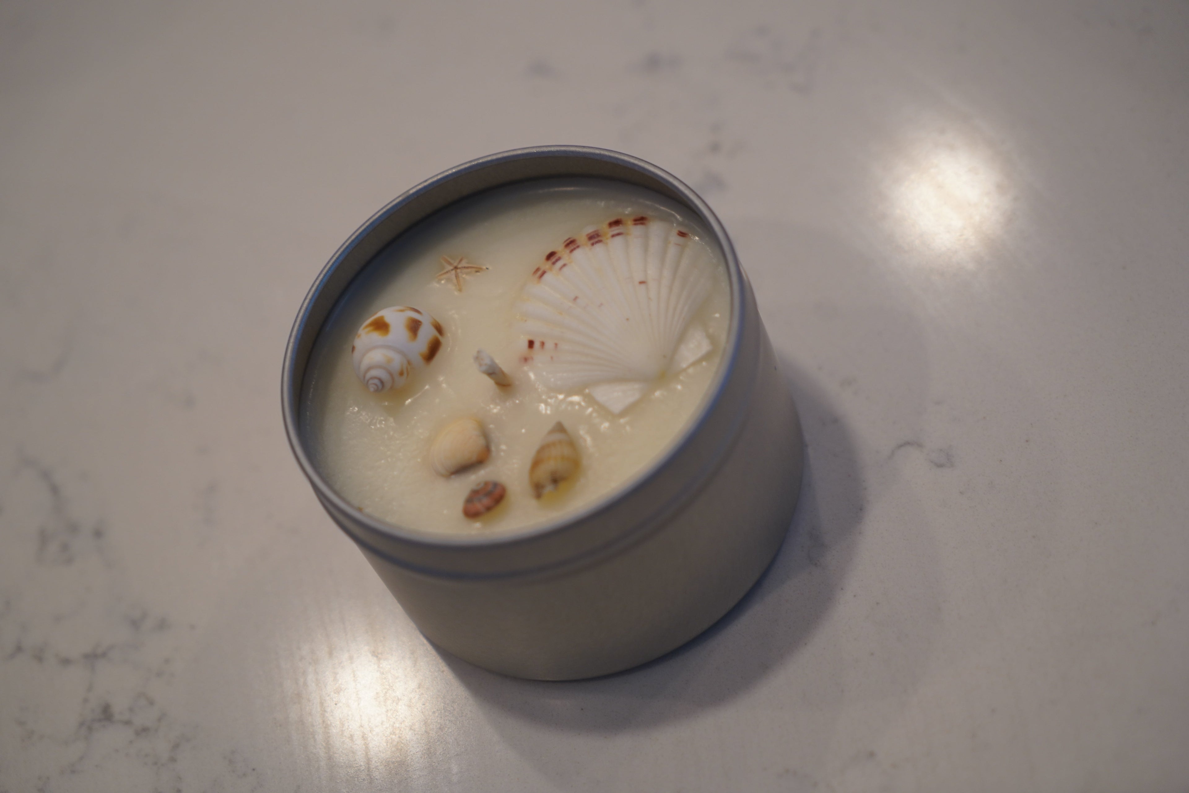 BeachWood Candle — soy candle tin topped with seashells