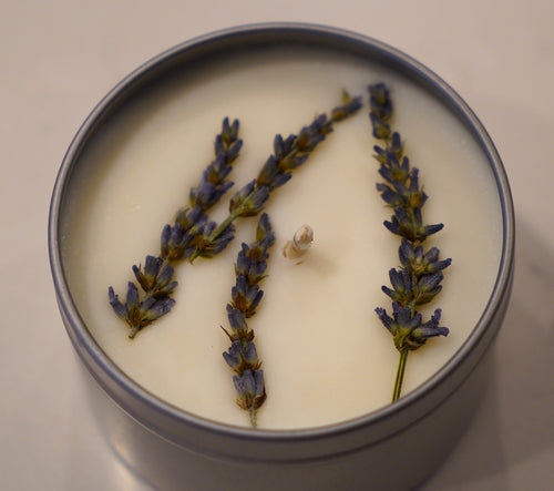 Lavender Candle — soy candle tin topped with dried lavender sprigs